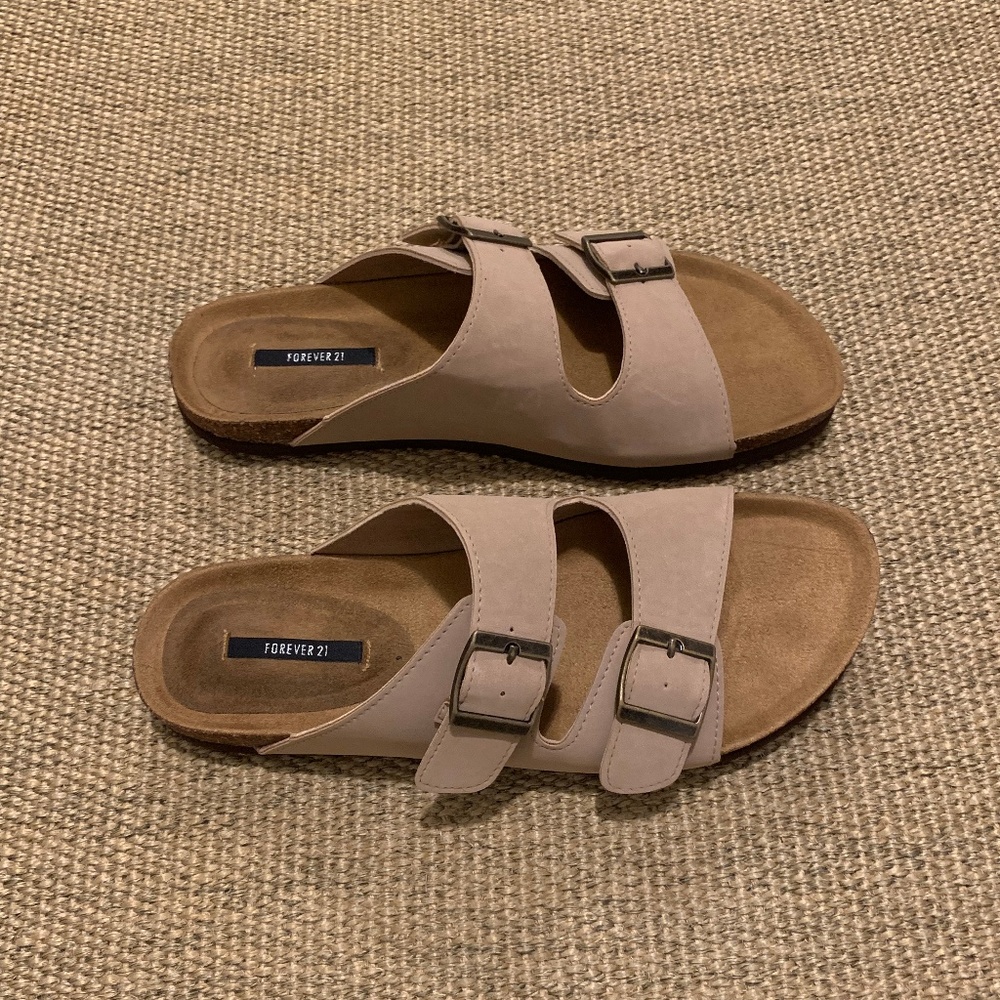 Buckle Platform Cork Sole Slide Sandals Nude Beige - Picture 2 of 5